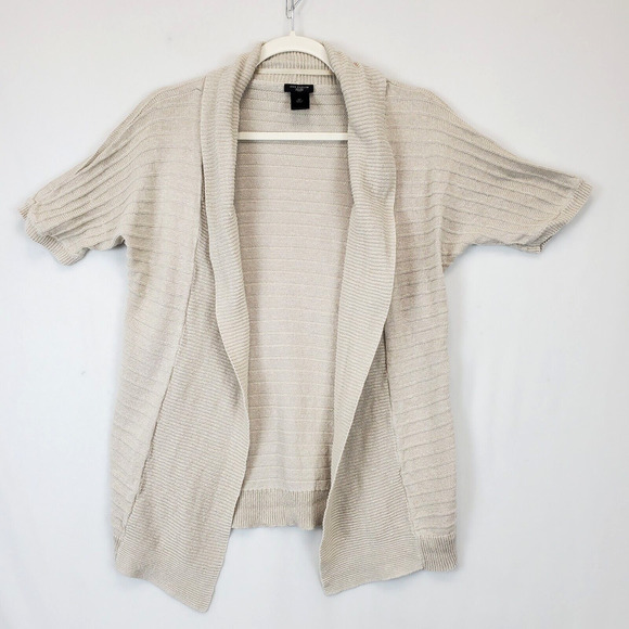 Ann Taylor Linen Blend Open Cardigan Women MP Lightweight Short Sleeve Beige - Picture 4 of 10